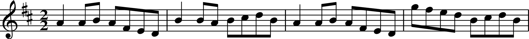 X: 1
R: reel
M: 2/2
L: 1/8
K: Dmaj
A2AB AFED|B2BA BcdB|A2AB AFED|gfed BcdB|