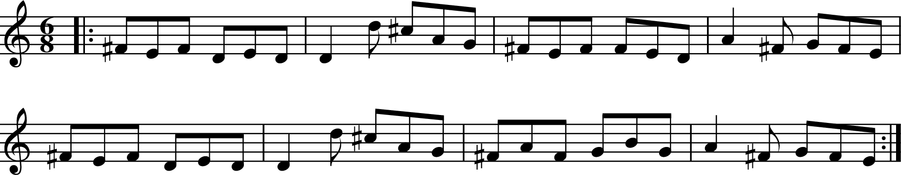 
X:1
R:jig
M:6/8
L:1/8
K:C
|: ^FEF DED | D2d ^cAG | ^FEF FED | A2^F GFE |
^FEF DED | D2d ^cAG | ^FAF GBG | A2^F GFE :|
