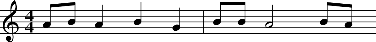 
X:1
L:1/4
M:4/4
K:C
A/2B/2 A B G | B/2B/2 A2 B/2A/2 

