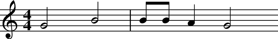 
X:1
L:1/4
M:4/4
K:C
G2 B2 | B/2B/2 A G2 
