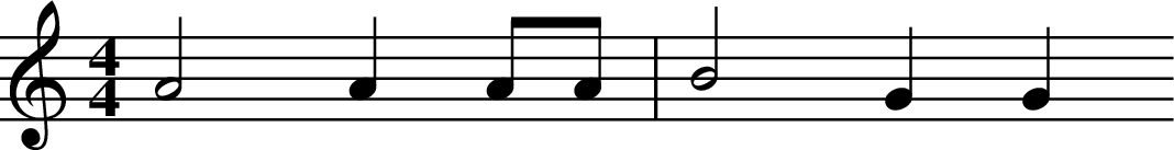 
X:1
L:1/4
M:4/4
K:C
A2 A A/2A/2 | B2 G G 
