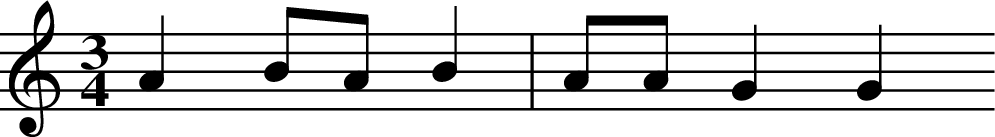 
X:1
L:1/4
M:3/4
K:C
A B/2A/2 B | A/2A/2 G G 
