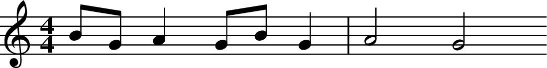 
X:1
L:1/4
M:4/4
K:C
B/2G/2 A G/2B/2 G | A2 G2 
