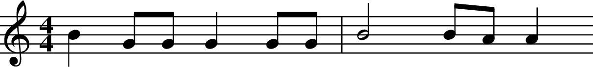 
X:1
L:1/4
M:4/4
K:C
B G/2G/2 G G/2G/2 | B2 B/2A/2 A 
