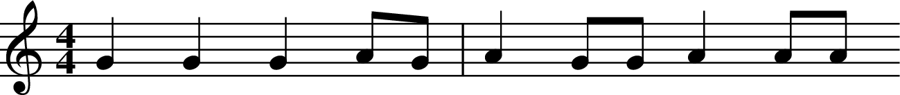 
X:1
L:1/4
M:4/4
K:C
G G G A/2G/2 | A G/2G/2 A A/2A/2 

