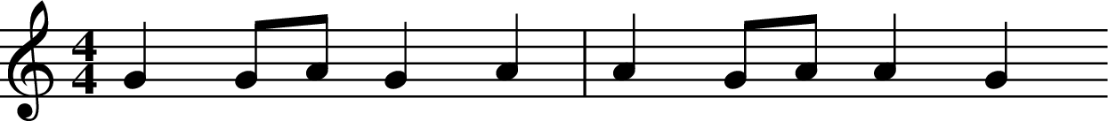 
X:1
L:1/4
M:4/4
K:C
G G/2A/2 G A | A G/2A/2 A G 
