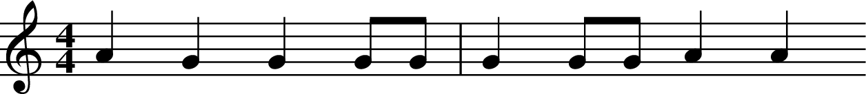 
X:1
L:1/4
M:4/4
K:C
A G G G/2G/2 | G G/2G/2 A A 
