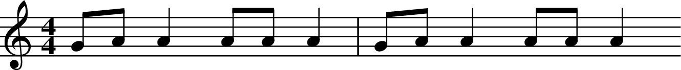 
X:1
L:1/4
M:4/4
K:C
G/2A/2 A A/2A/2 A | G/2A/2 A A/2A/2 A 
