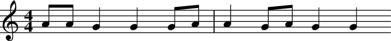 
X:1
L:1/4
M:4/4
K:C
A/2A/2 G G G/2A/2 | A G/2A/2 G G 
