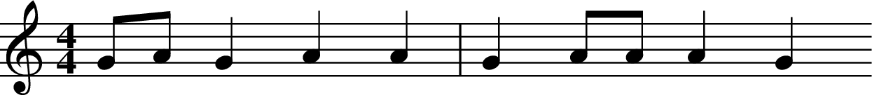 
X:1
L:1/4
M:4/4
K:C
G/2A/2 G A A | G A/2A/2 A G 
