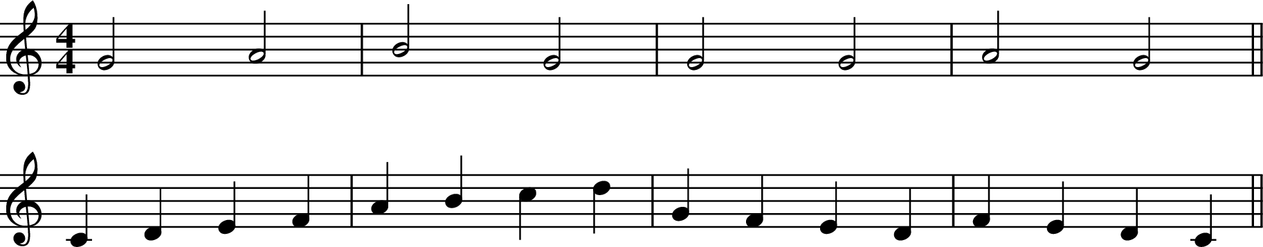
X:3
M:4/4
L:1/4
K:C
G2A2 | B2G2 | G2G2 | A2G2 ||
CDEF | ABcd | GFED | FEDC ||
