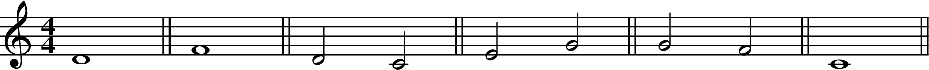 
X:3 
M:4/4 
L:1/4 
K:C
D4 || F4 || D2 C2 || E2 G2 || G2 F2 || C4 ||
