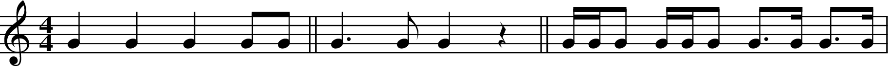 
X:3
M:4/4
L:1/4
K:C
G G G G/G/ || G>G G z || G/4G/4G/2 G/4G/4G/2 G/2>G/2 G/2>G/2 |
