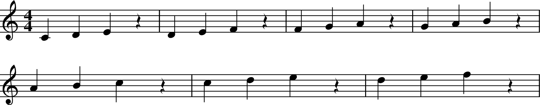 
X:3
M:4/4
L:1/4
K:C
CDEz | DEFz | FGAz | GABz |
ABcz | cdez | defz |
