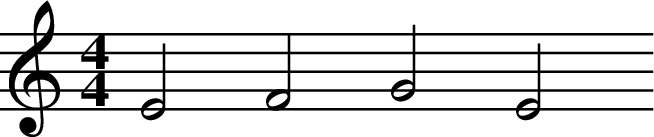 
X:3
M:4/4
L:1/2
K:C
E F G E
