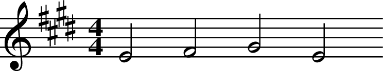 
X:3
M:4/4
L:1/2
K:E
E F G E
