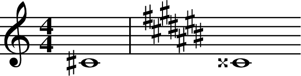 
X:3
M:4/4
L:1/2
K:C
^C2 | [K:C#] ^^C2
