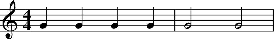 
X:3
M:4/4
L:1/4
K:C
G G G G | G2 G2 |
