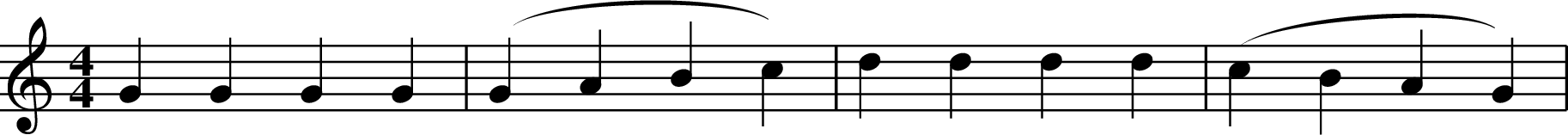 X:5
M:4/4
L:1/4
K:Ddor
GGGG | (GABc) | dddd | (cBAG) |