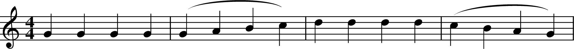 
X:5
M:4/4
L:1/4
K:Ddor
GGGG | (GABc) | dddd | (cBAG) |
