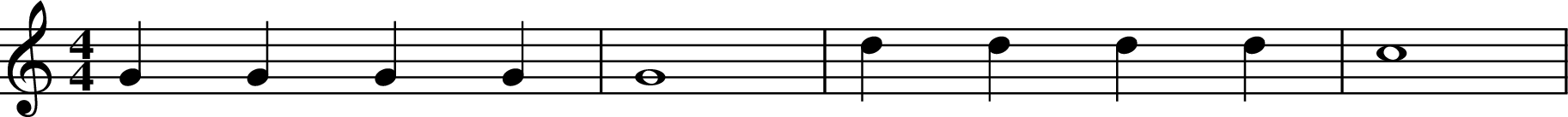 
X:5
M:4/4
L:1/4
K:Ddor
GGGG | G4 | dddd | c4 |
