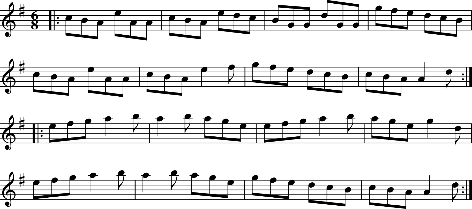 
X:1
R:jig
M:6/8
L:1/8
K:Ador
|: cBA eAA | cBA edc | BGG dGG | gfe dcB |
cBA eAA | cBA e2f | gfe dcB | cBA A2d :|
|: efg a2b | a2b age | efg a2b | age g2d | 
efg a2b | a2b age | gfe dcB | cBA A2d :|
