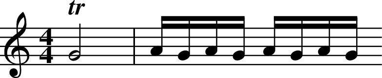 
X:1
K:C
M:4/4
L:1/8
!trill! G4 | A/2G/2A/2G/2 A/2G/2A/2G/2

