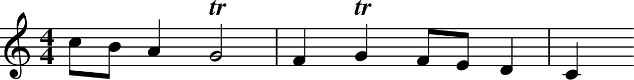 
X:1
K:C
M:4/4
L:1/8
cBA2 !trill! G4 | F2 !trill! G2 FE D2 | C2
