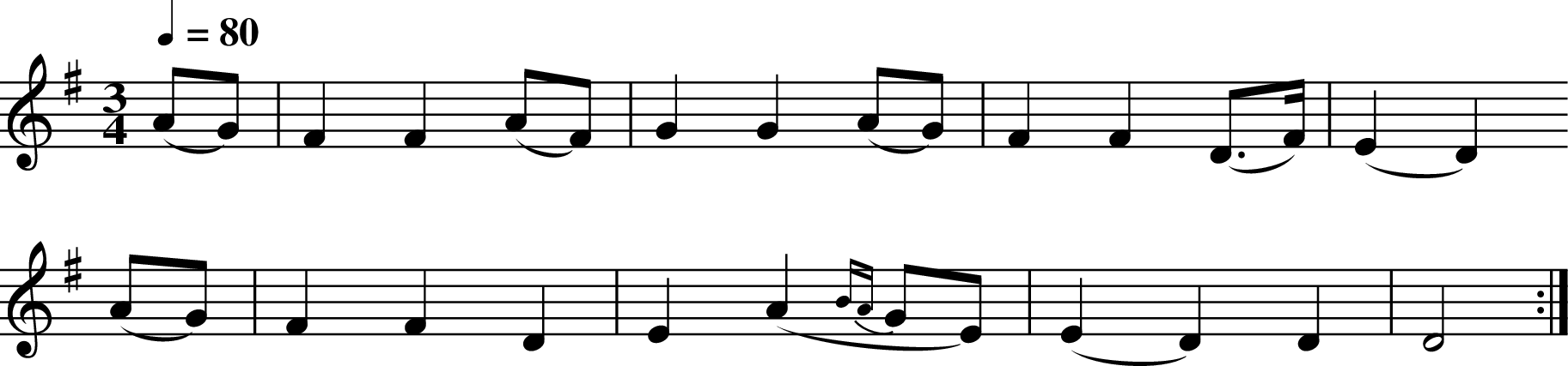 X:179
M:3/4
L:1/8
Q:1/4=80
K:DMix
(AG)|F2 F2 (AF)|G2 G2 (AG)| F2 F2 (D>F)|(E2 D2)
(AG)|F2 F2 D2 |E2 (A2 {BA}GE)|(E2 D2) D2 | D4 :|