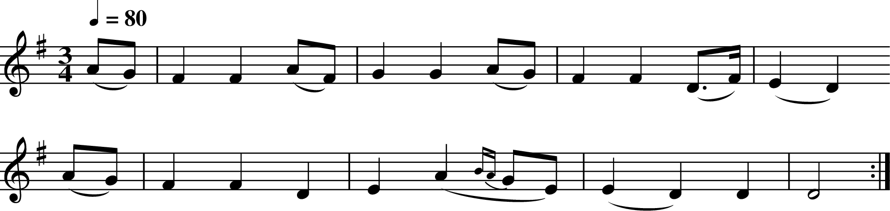 
X:179
M:3/4
L:1/8
Q:1/4=80
K:DMix
(AG)|F2 F2 (AF)|G2 G2 (AG)| F2 F2 (D>F)|(E2 D2)
(AG)|F2 F2 D2 |E2 (A2 {BA}GE)|(E2 D2) D2 | D4 :|

