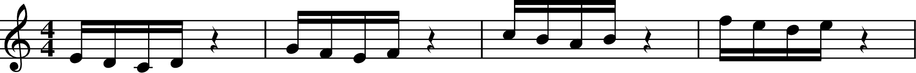 
X:1
K:C
M:4/4
L:1/16
EDCD z4 | GFEF z4 | cBAB z4 | fede  z4 |
