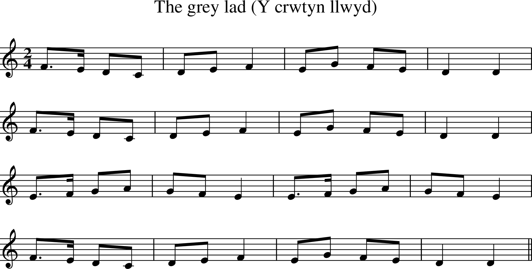 
X: 1
T: The grey lad (Y crwtyn llwyd)
R: polka
M: 2/4
L: 1/8
K:Ddor
F>E DC|DE F2|EG FE|D2 D2|
F>E DC|DE F2|EG FE|D2 D2|
E>F GA|GF E2|E>F GA|GF E2|
F>E DC|DE F2|EG FE|D2 D2|| 
